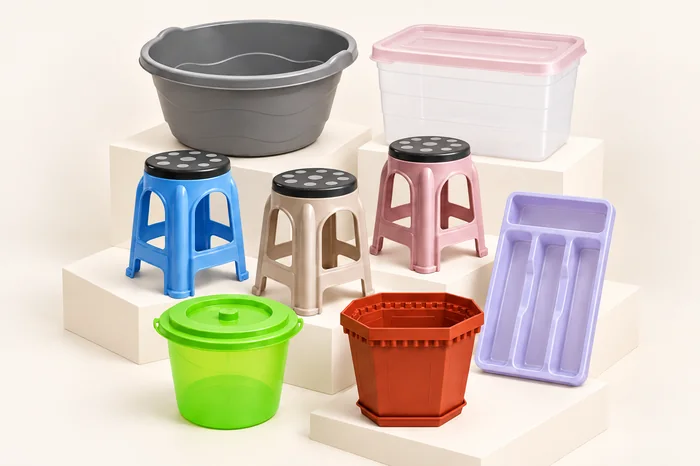 BECO PLAST assortimenti: kulrang tog'ora, uch rangdagi taburetka, qopqoqli konteyner, yashil chelak, terrakota gultuvak va qoshiqdon